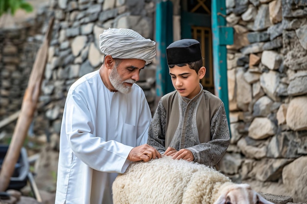 Muslim father teaching his young son how to prepare a sheep for the religious festival of eid al adha