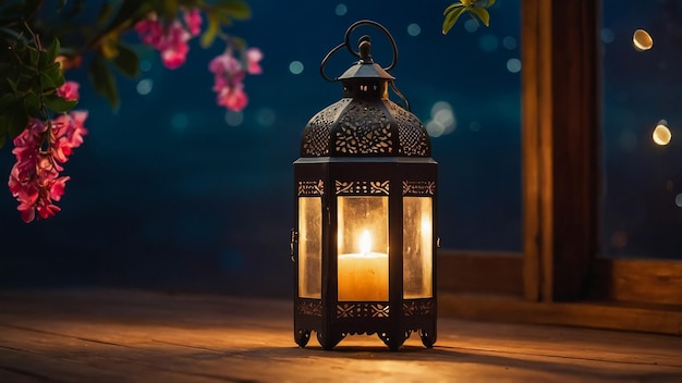 The Muslim feast of the holy month of Ramadan Kareem Beautiful background with a shining lantern Fa