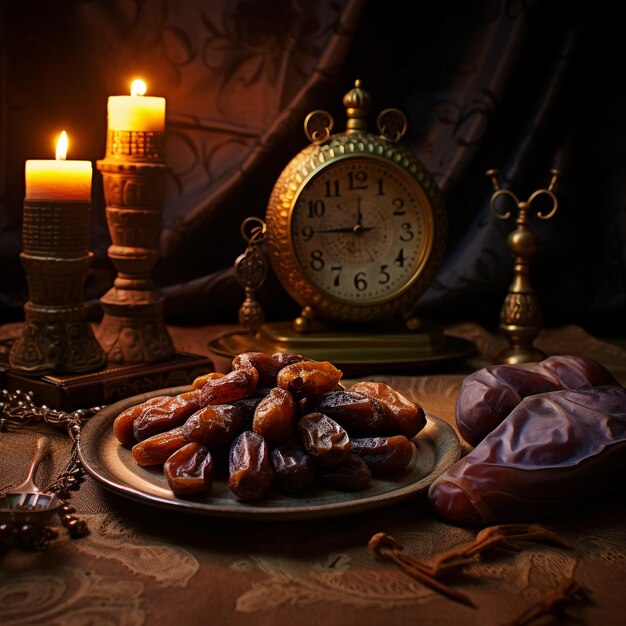 Photo the muslim feast of the holy month of ramadan kareem with dates on a tray on a dark background beautiful background with a shining lantern fanus