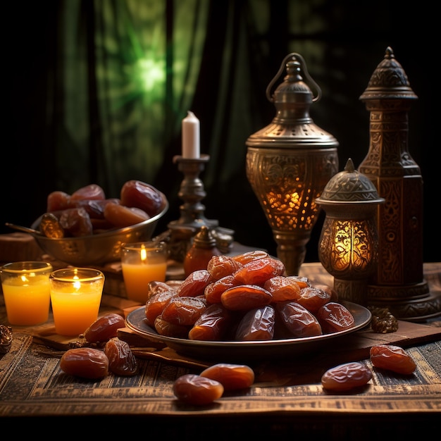 The Muslim feast of the holy month of Ramadan Kareem with dates on a tray on a dark background Beautiful background with a shining lantern Fanus