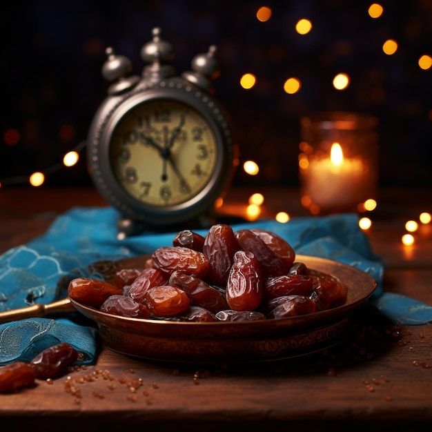 Photo the muslim feast of the holy month of ramadan kareem with dates on a tray on a dark background beautiful background with a shining lantern fanus