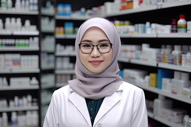 A muslim female pharmacist standing in a pharmacy drugstore