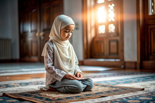 Muslim girl sitting on the prayer rug while praying