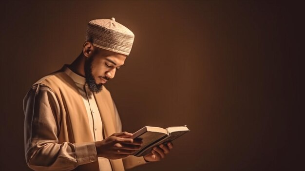 A Muslim guy is seen reading the Quran from the side GENERATE AI