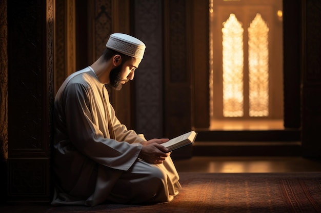 A Muslim guy is seen reading the Quran Religious Muslim man praying inside the mosque and reading holy book Quran Ai generated