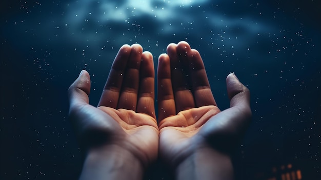 Muslim hands in outdoor prayer against a backdrop of the night Generative AI