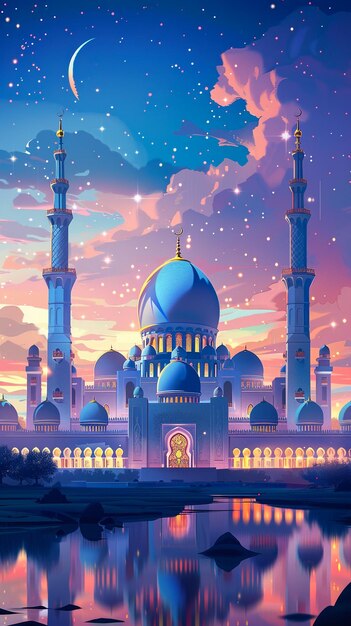 Muslim Holiday Greeting Card Template with Dark Night Arabian Cityscape Mosque Creative Design Vector Format