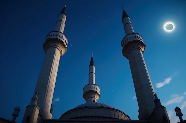 Muslim holiday Ramadan mosque in the clouds in the night of the crescent moon AI generated