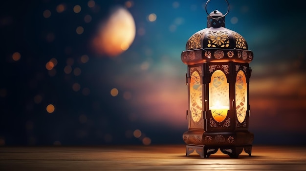 During the Muslim holy month of Ramadan Kareem a decorative Arabic lantern with a burning candle provides a warm glow in the evening