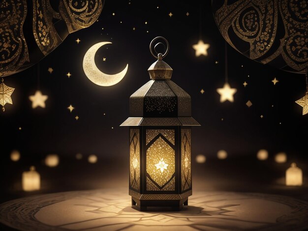 Muslim Holy Month Ramadan Kareem with Ornamental Arabic Lantern Glowing At Evening