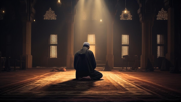 Muslim is praying at night in mosque