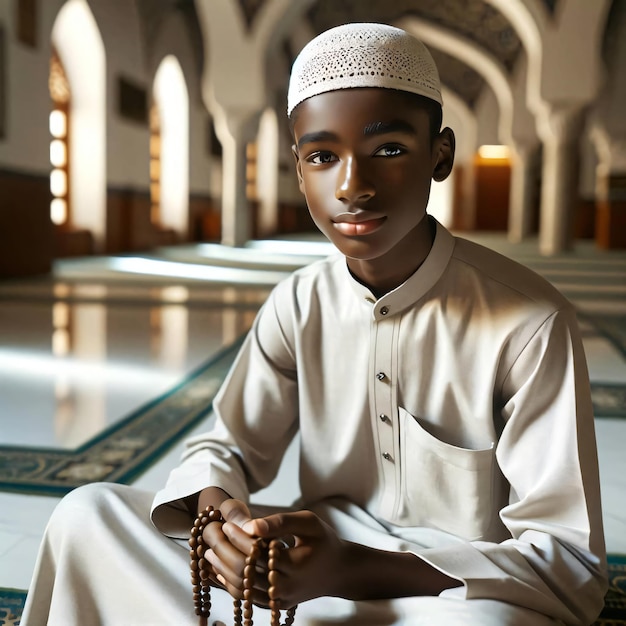 A muslim islamic boy sitting and praying in a mosque during ramadan