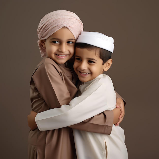 Photo the muslim kids are embracing each other