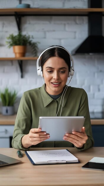 Muslim lady wear headphone using digital tablet talk to colleagues about sale report in conference