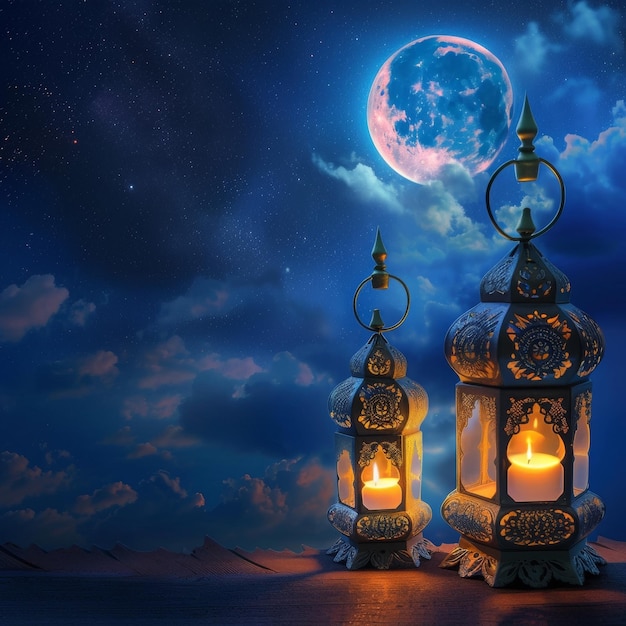 Muslim Lanterns with Moonlit Night Backdrop