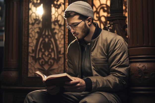 Muslim Man Is Reading The Quran A Muslim guy is seen reading the Quran Ai generated