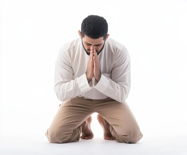 Photo muslim man praying on his knees with hands raised studio light white background