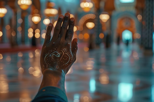 Photo muslim man praying in mosque interior