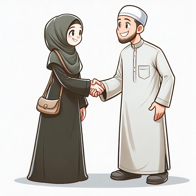 Photo a muslim man shaking hands with a muslim woman in cartoon style