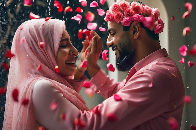 Muslim man showering rose petals over his wifes head during Eid Mubarak