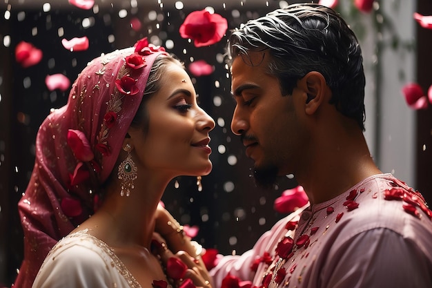 Muslim man showering rose petals over his wifes head during Eid Mubarak