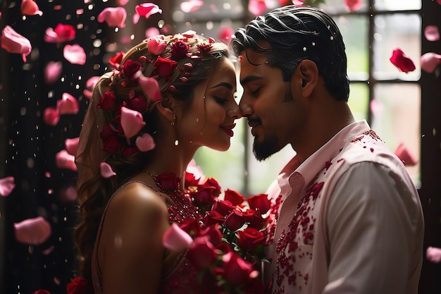 Muslim man showering rose petals over his wifes head during Eid Mubarak