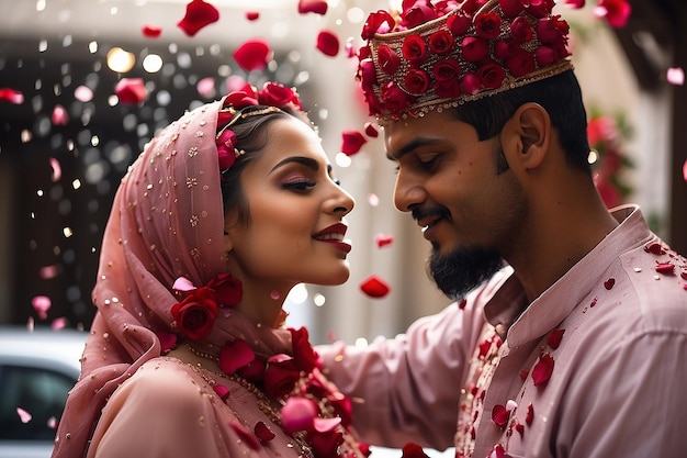 Muslim man showering rose petals over his wifes head during Eid Mubarak