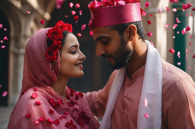 Muslim man showering rose petals over his wifes head during Eid Mubarak