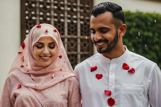 Muslim man showering rose petals over his wifes head during Eid Mubarak