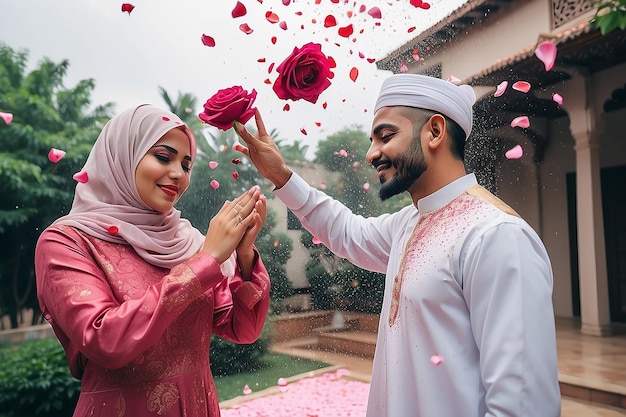 Muslim man showering rose petals over his wifes head during Eid Mubarak