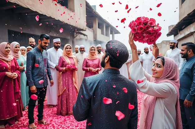 Muslim man showering rose petals over his wifes head during Eid Mubarak