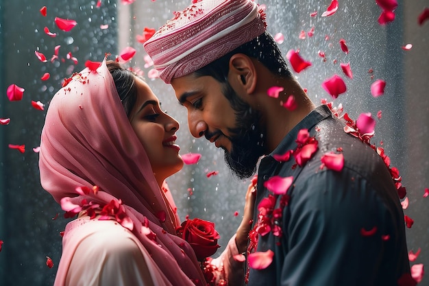 Muslim man showering rose petals over his wifes head during Eid Mubarak