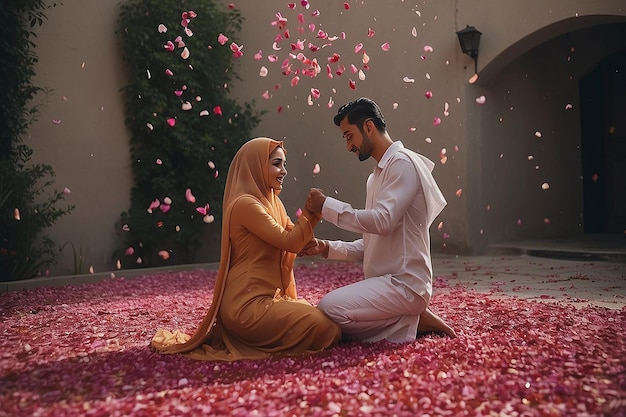 Muslim man showering rose petals over his wifes head during Eid Mubarak