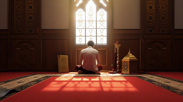 A Muslim man sits on a prayer mat with the little boy