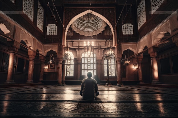 A Muslim man sitting inside a huge Mosque Islamic architecture and mosque illustration with a pious man rear view Arabianstyle Muslim Mosque and a man sitting alone illustration Generative AI