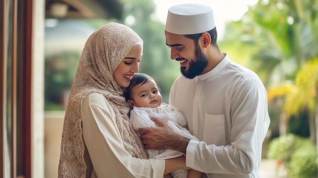 Muslim man in traditional attire greeting brother with handshake and hug in front of family