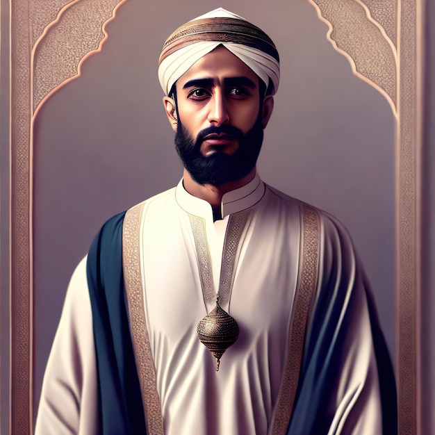 A muslim man in a turban stands in a frame with a gold medallion on it