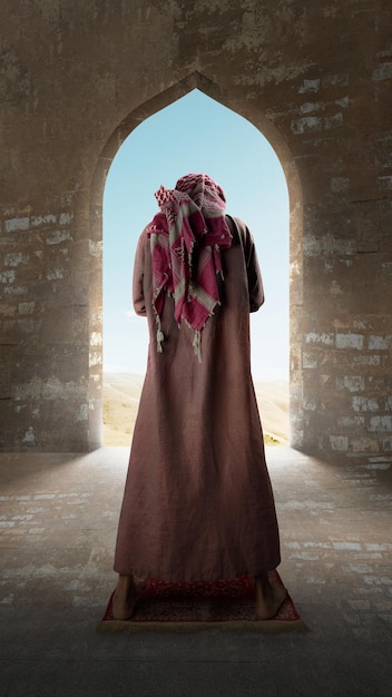 Muslim man with a beard wearing keffiyeh with agal in praying position salat on the prayer rug