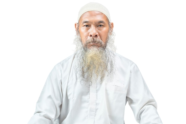 Muslim man with a beard wearing a white cap