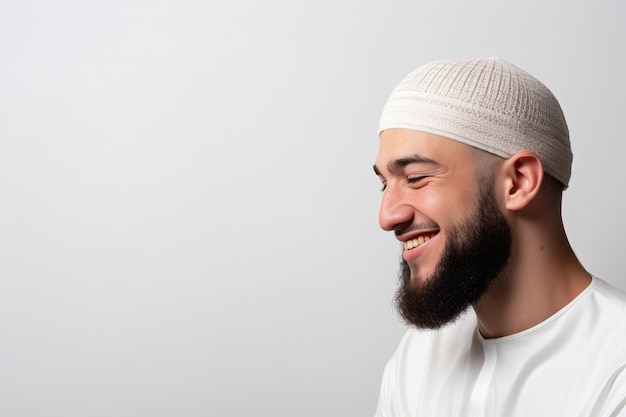 Photo muslim man with beard wearing white kufi