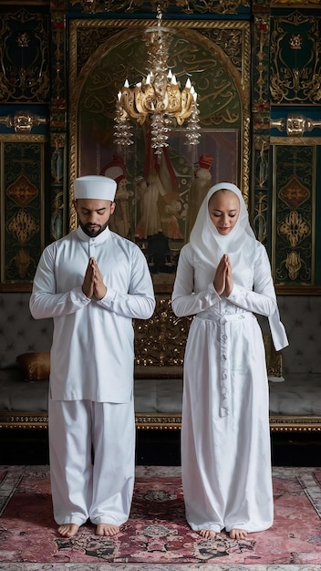 Photo muslim man and woman praying in white traditional clothes ihram