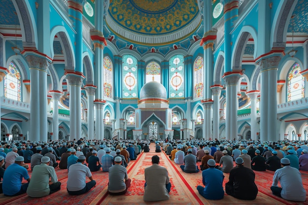 Muslim men peacefully praying in a mosque during eid showcasing unity and community