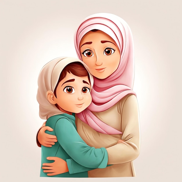 Muslim mother hugging her son cartoon on Cream Color background by Ai Generated