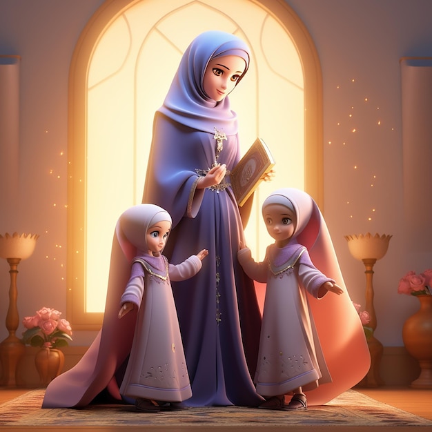 Muslim Mother With Her Children Wearing Hijab