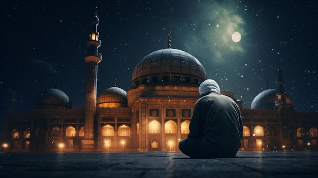 Muslim old man praying in a mosque