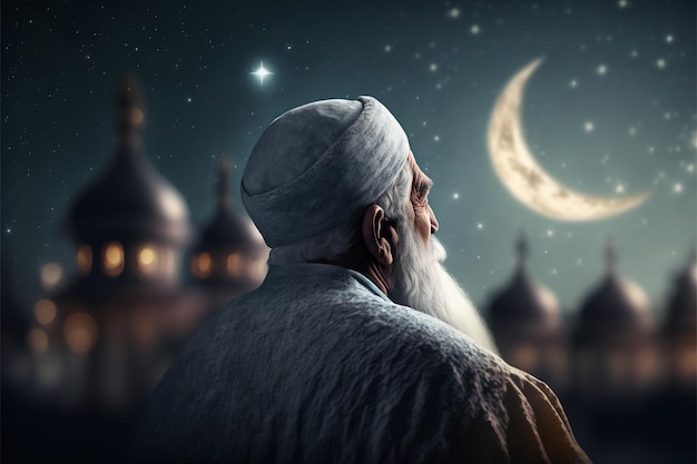 Muslim old man praying on a starry and crescent moon moon night Ramadan concept