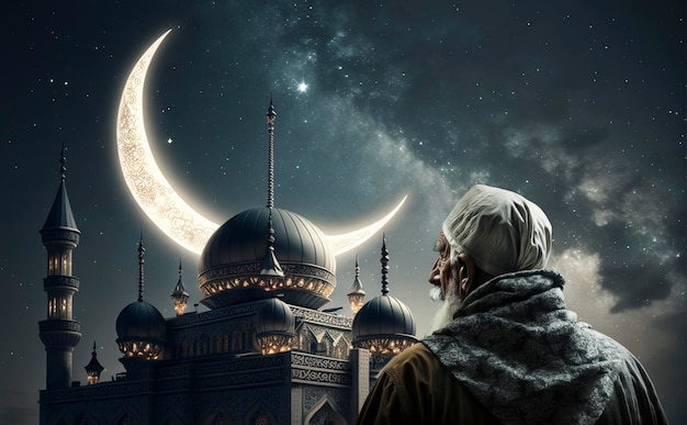 Muslim old man praying on a starry and crescent moon moon night