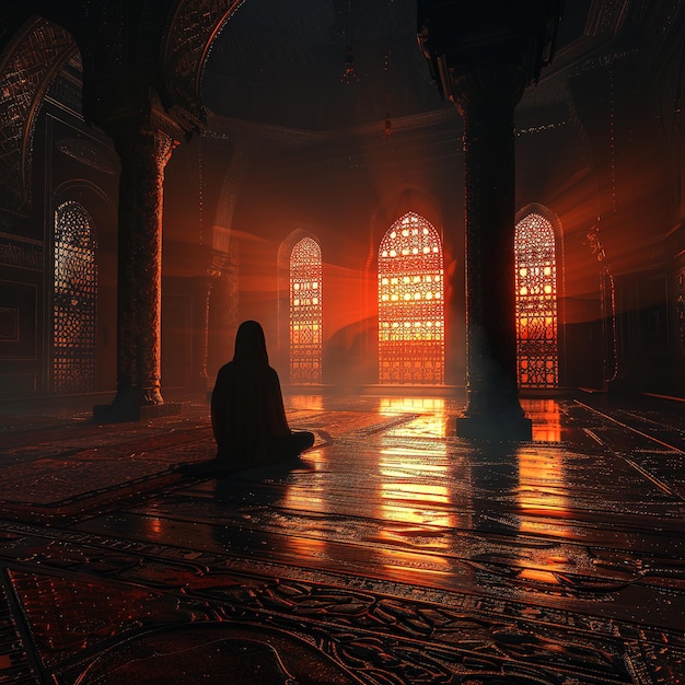 Muslim people praying in mosque with sunlight from window