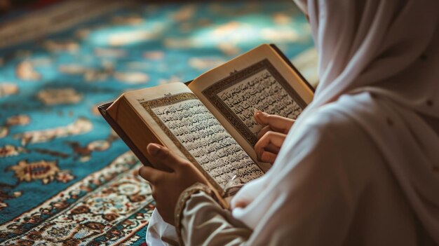 Muslim people reading Quran during Ramadan