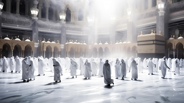 Muslim pilgrims in white traditional clothing